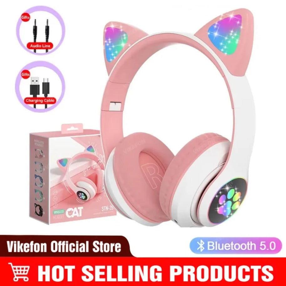 Premium STN-28 RGB Cat Ear Wireless Bluetooth Headphones with LED Light